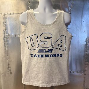 Vintage 90s Gildan USA Taekwondo Olympics Union Tank Top Gray Cotton Size Medium